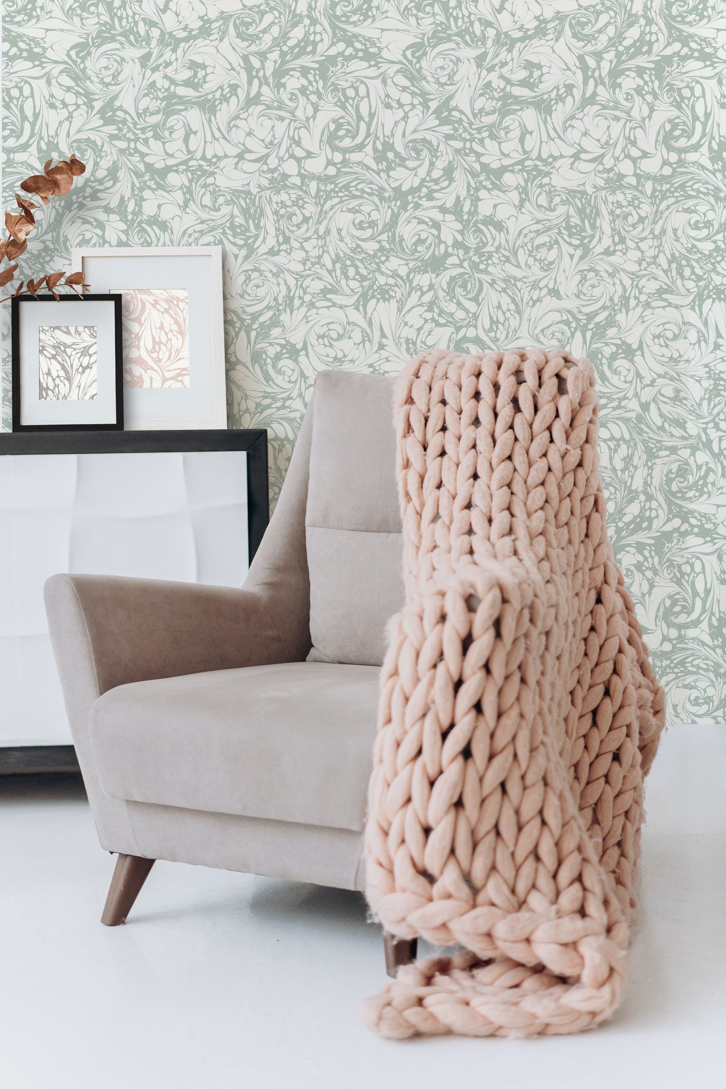 In Stock: Marbled Wallpaper - 'Flourish' Col: Willow - Eco Non-Woven