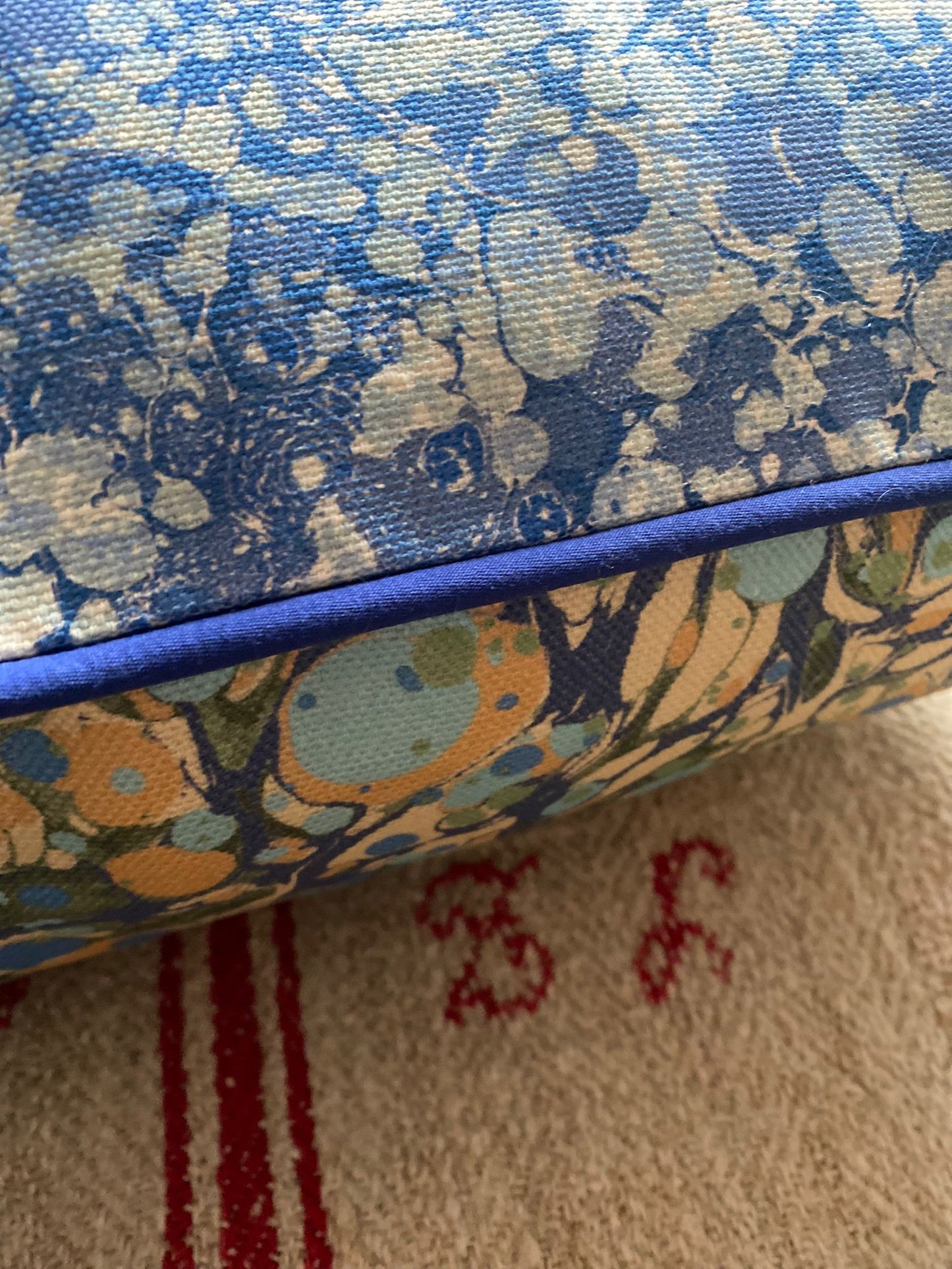 In Stock: Linen Marbled Cushion - Juniper Neptune & Ditzy Blue Daze