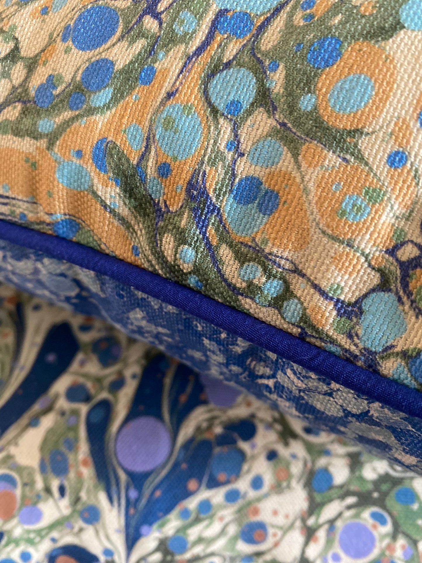 In Stock: Linen Marbled Cushion - Juniper Neptune & Ditzy Blue Daze