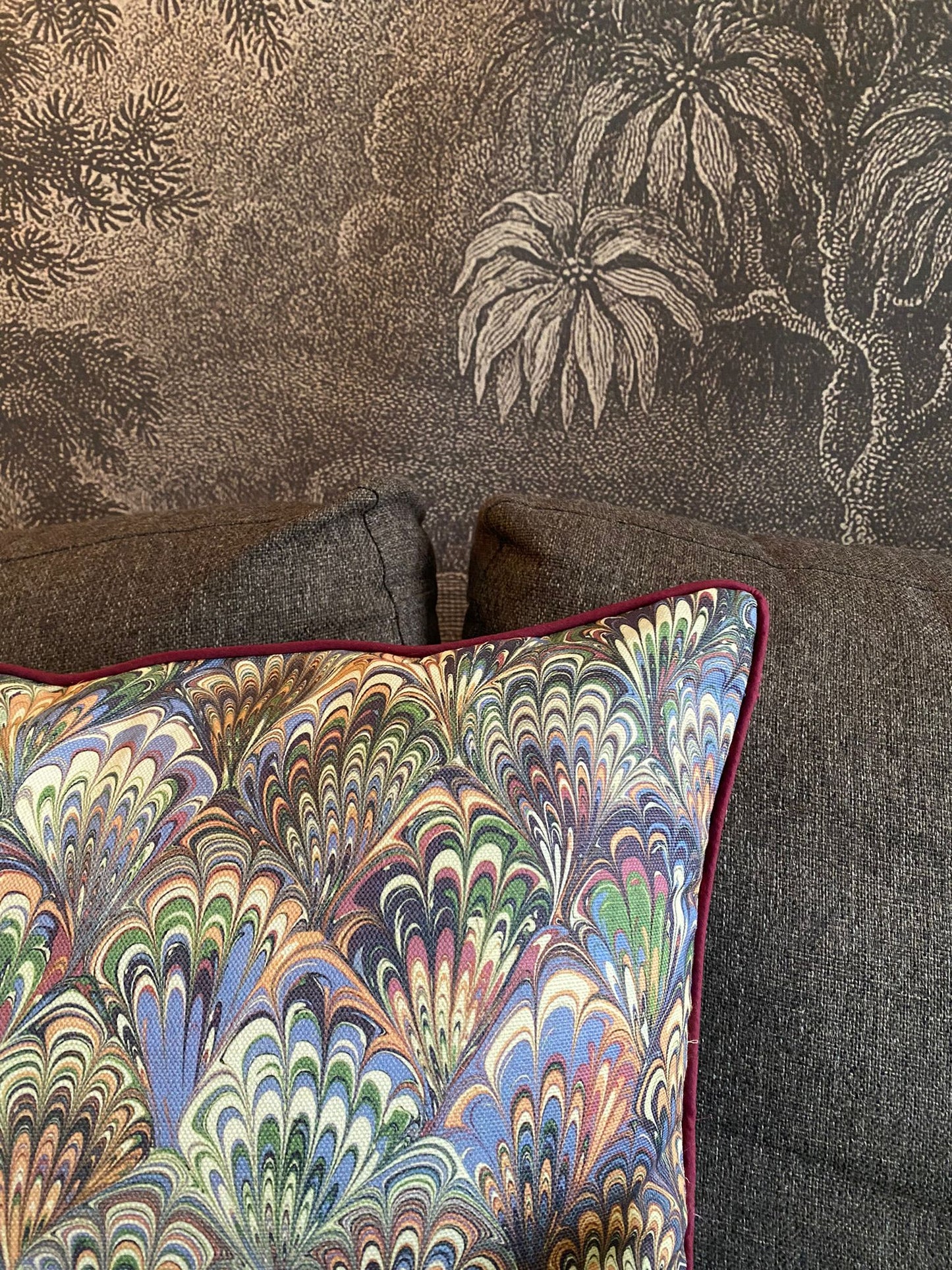 Linen Marbled Cushion - Serpentine Summer & Ditzy Blue Daze