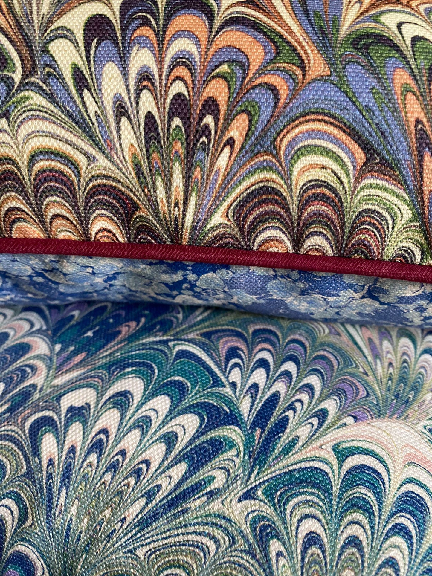 In Stock: Marbled Linen Cushion - Serpentine Summer & Ditzy Blue Daze