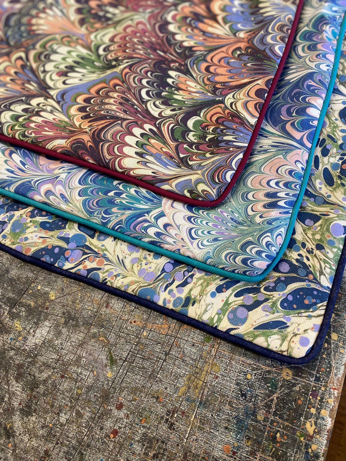 In Stock: Marbled Linen Cushion - Serpentine Summer & Ditzy Blue Daze