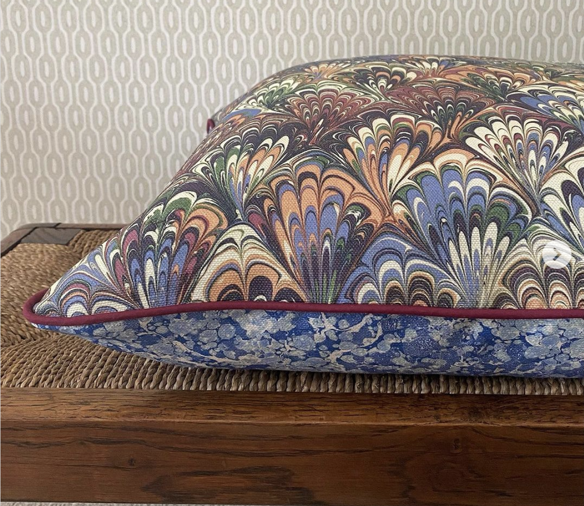 In Stock: Marbled Linen Cushion - Serpentine Summer & Ditzy Blue Daze