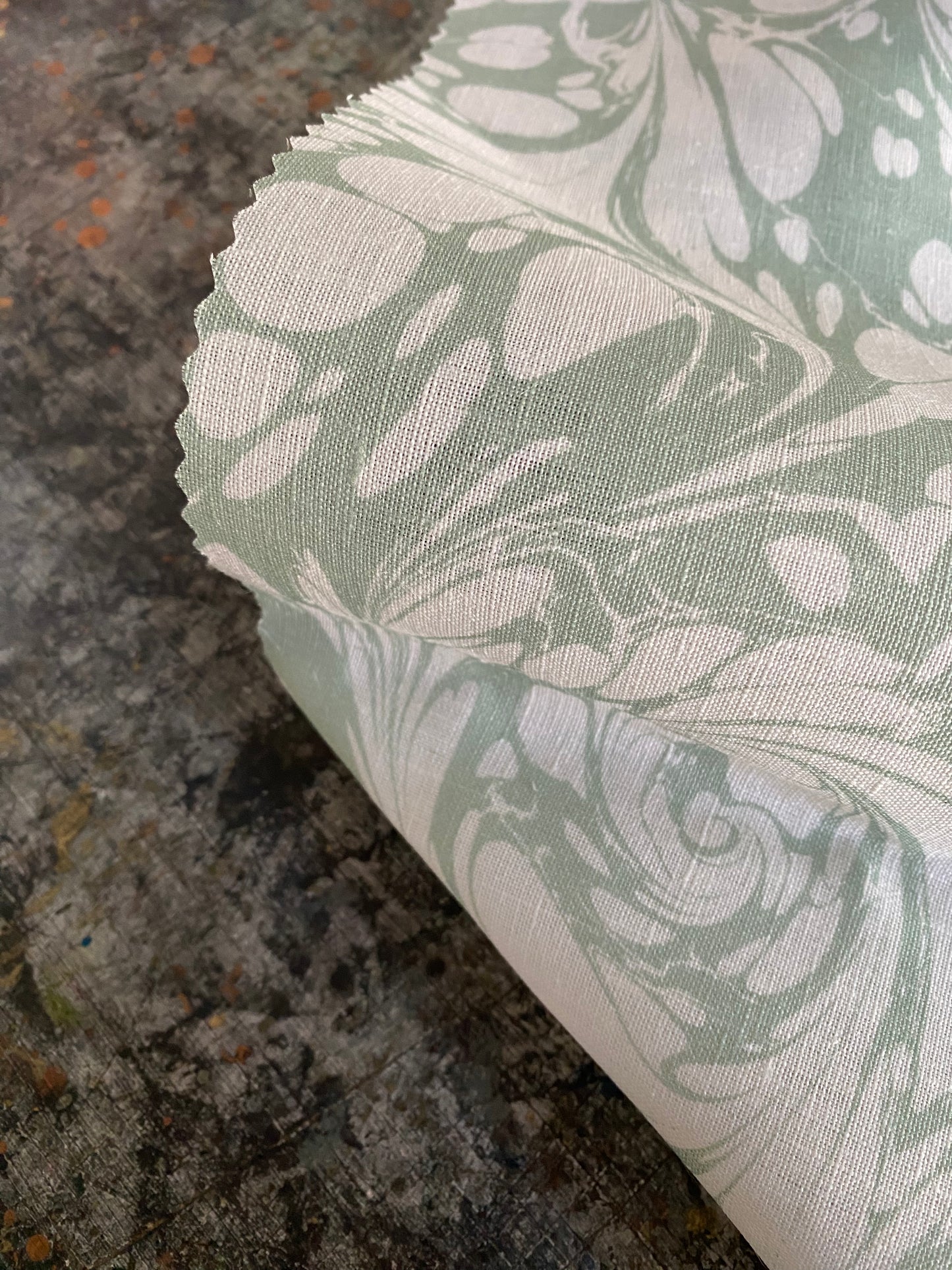 Marbled Fabric - 'Flourish' Col: Willow - 100% Fine Linen