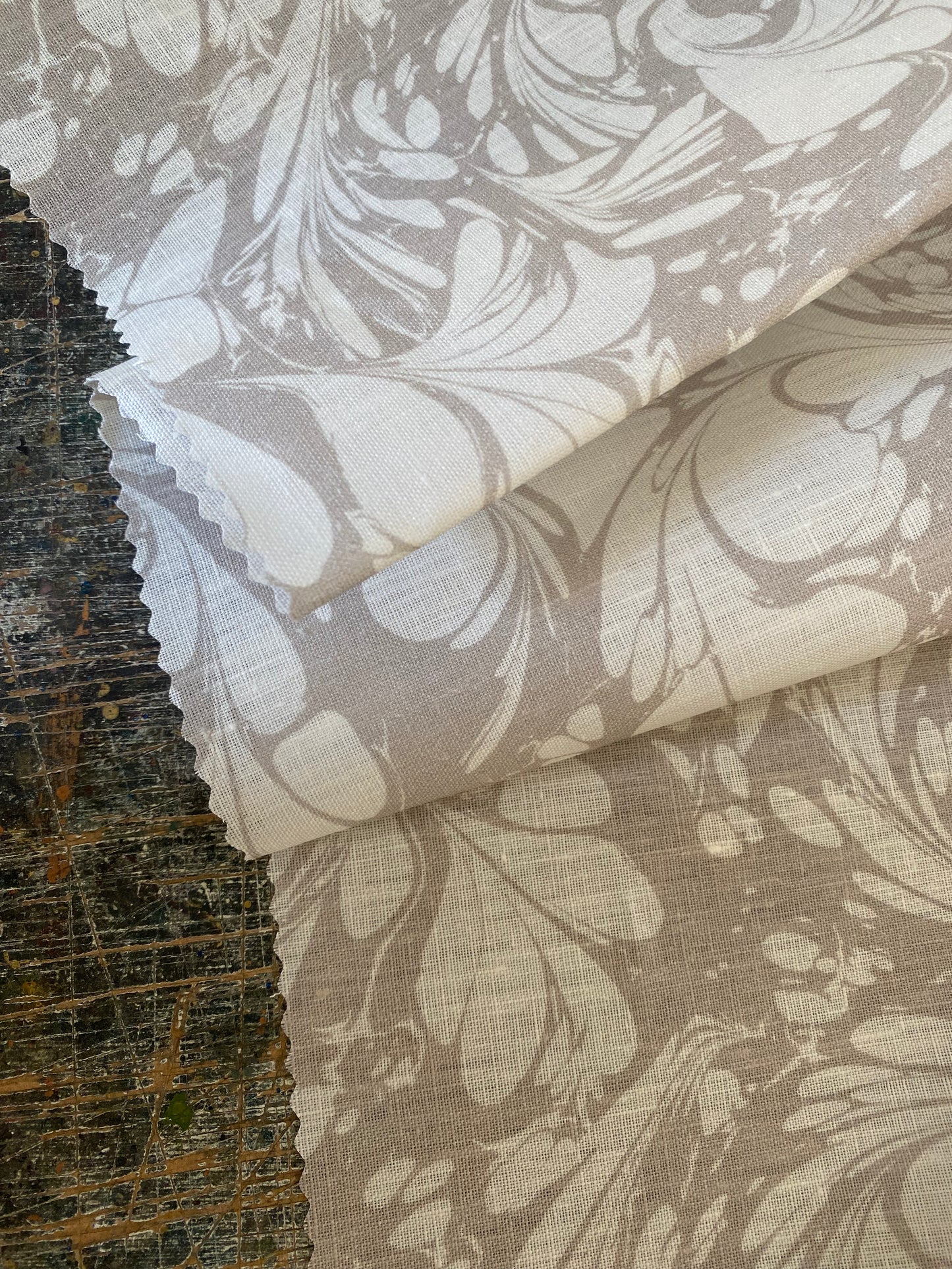 Marbled Fabric - 'Flourish' Col: Silver Ghost - 100% Fine Linen
