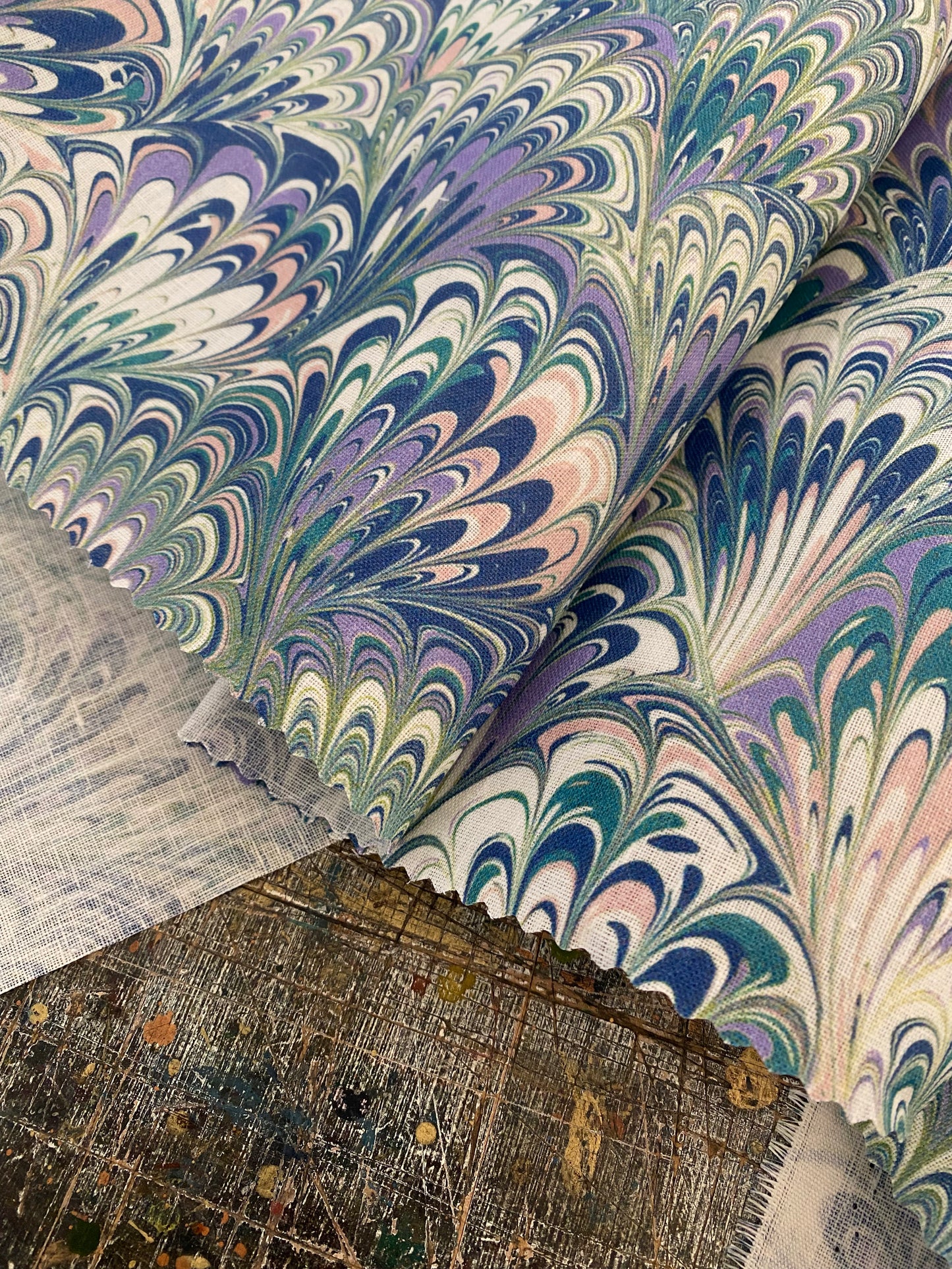 Marbled Fabric - 'Serpentine' Col: Spring - 100% Fine Linen