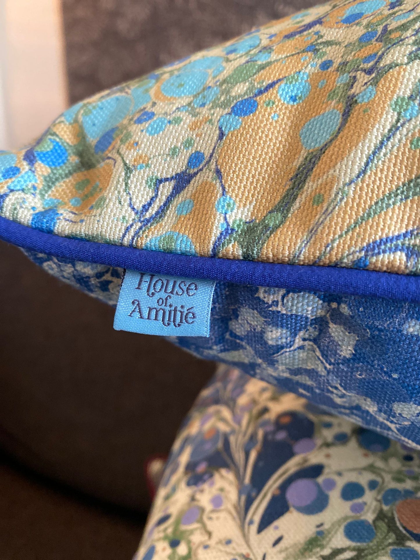 In Stock: Linen Marbled Cushion - Juniper Neptune & Ditzy Blue Daze