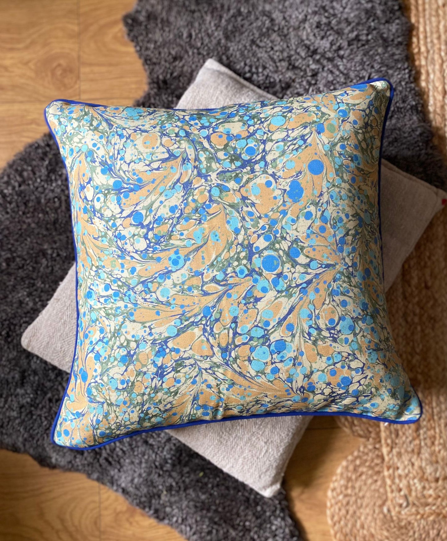 In Stock: Linen Marbled Cushion - Juniper Neptune & Ditzy Blue Daze