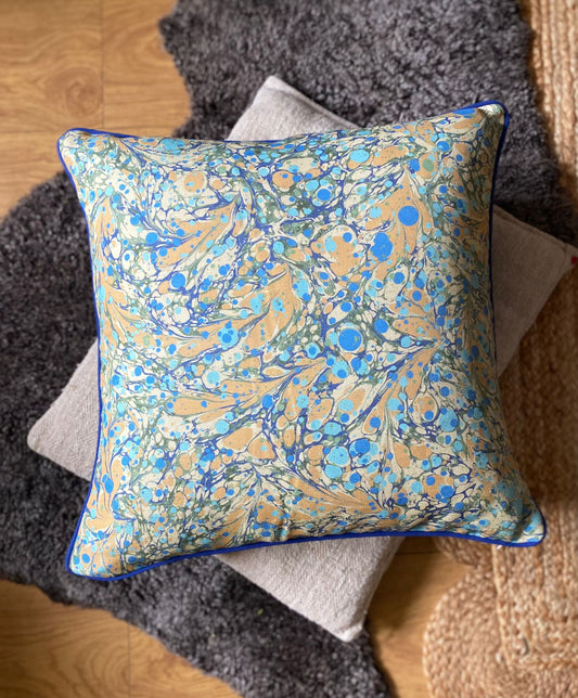 Linen Marbled Cushion - Juniper Neptune & Ditzy Blue Daze