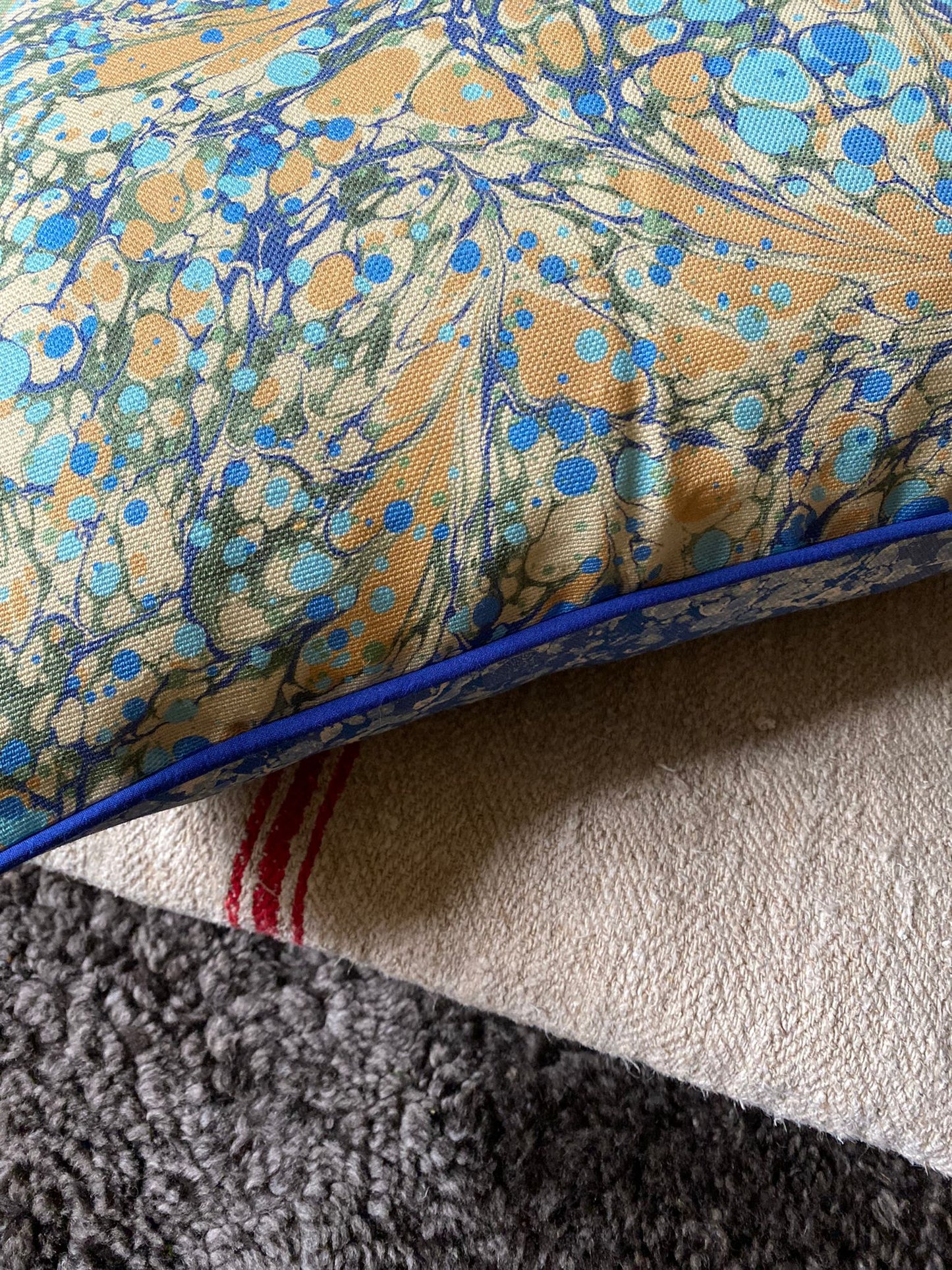 In Stock: Linen Marbled Cushion - Juniper Neptune & Ditzy Blue Daze