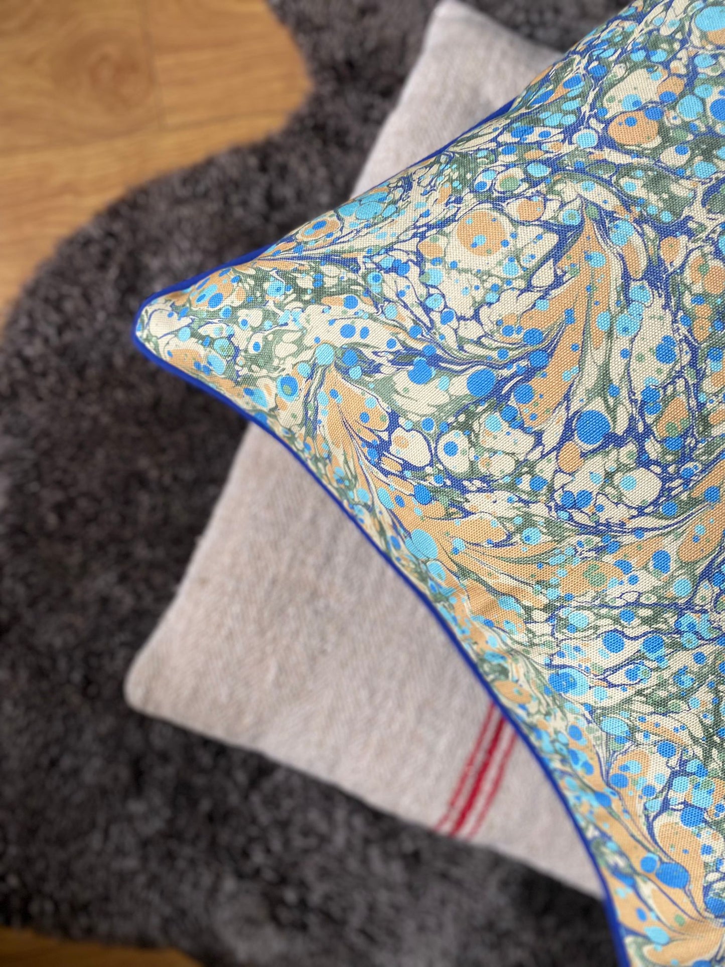 In Stock: Linen Marbled Cushion - Juniper Neptune & Ditzy Blue Daze