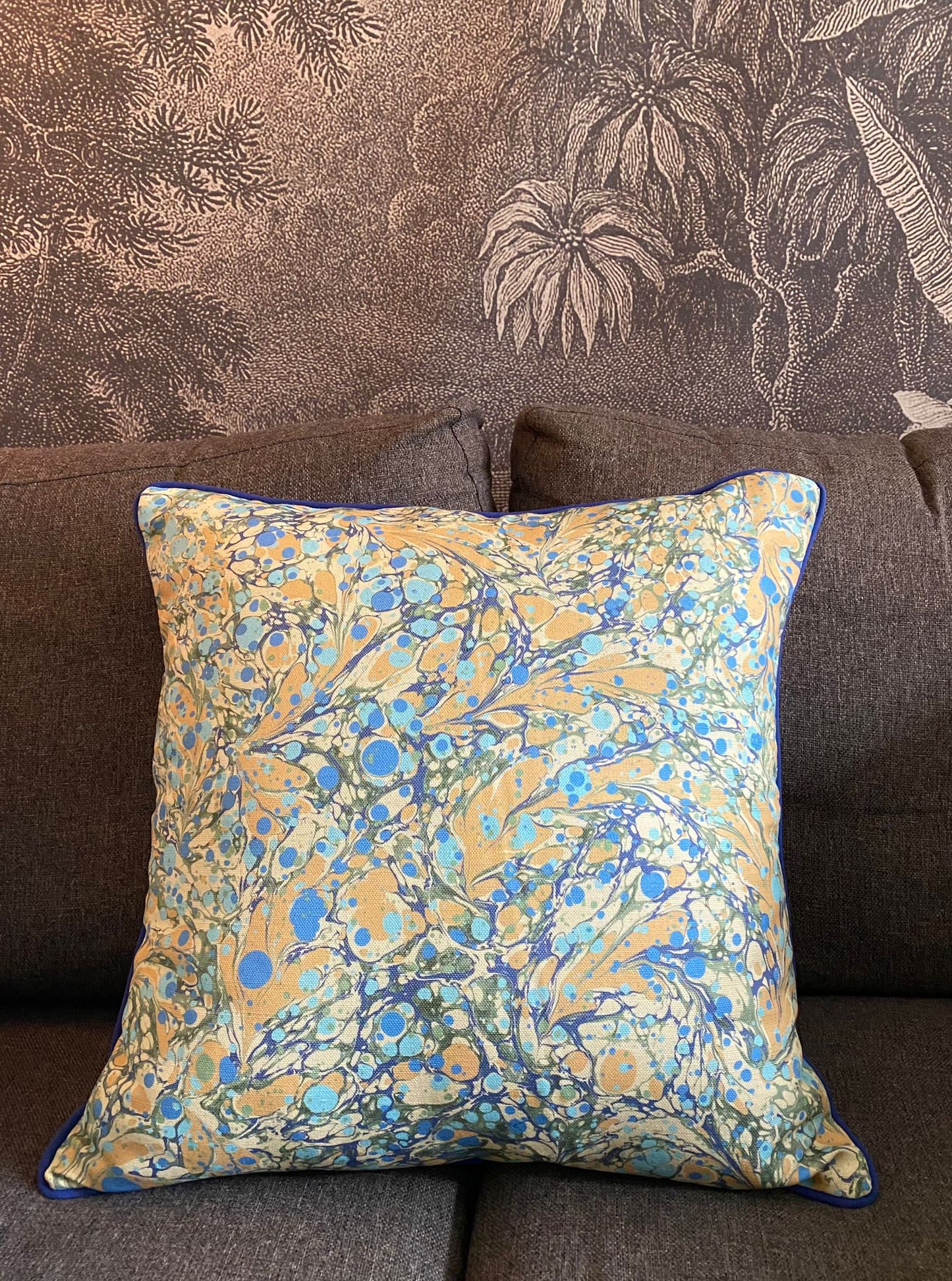 In Stock: Linen Marbled Cushion - Juniper Neptune & Ditzy Blue Daze