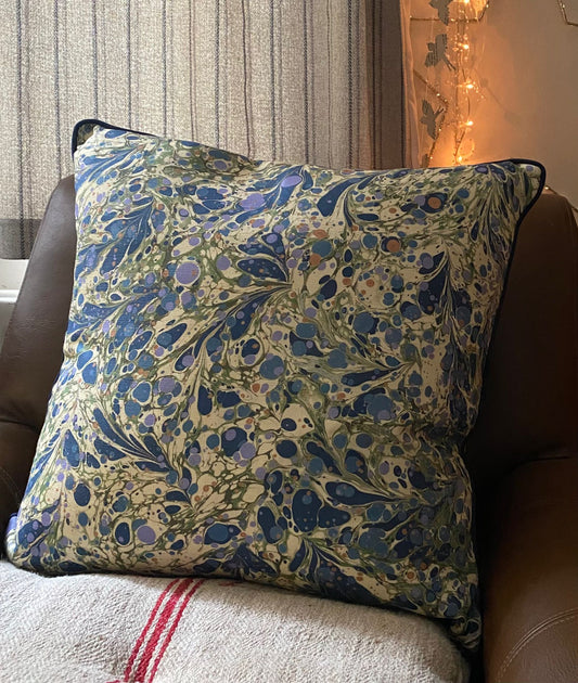 Linen Marbled Cushion - Juniper Blue Anise & Ditzy Aloma
