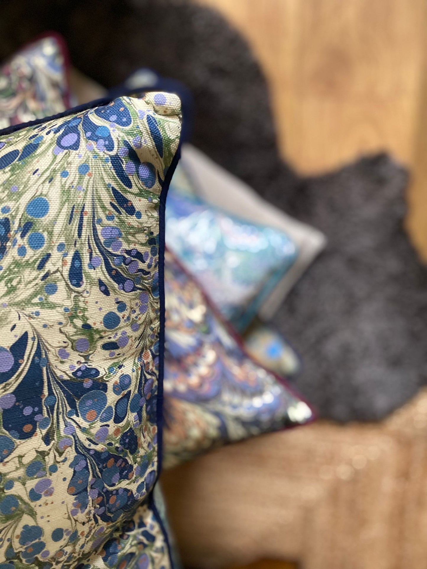 Linen Marbled Cushion - Juniper Blue Anise & Ditzy Aloma